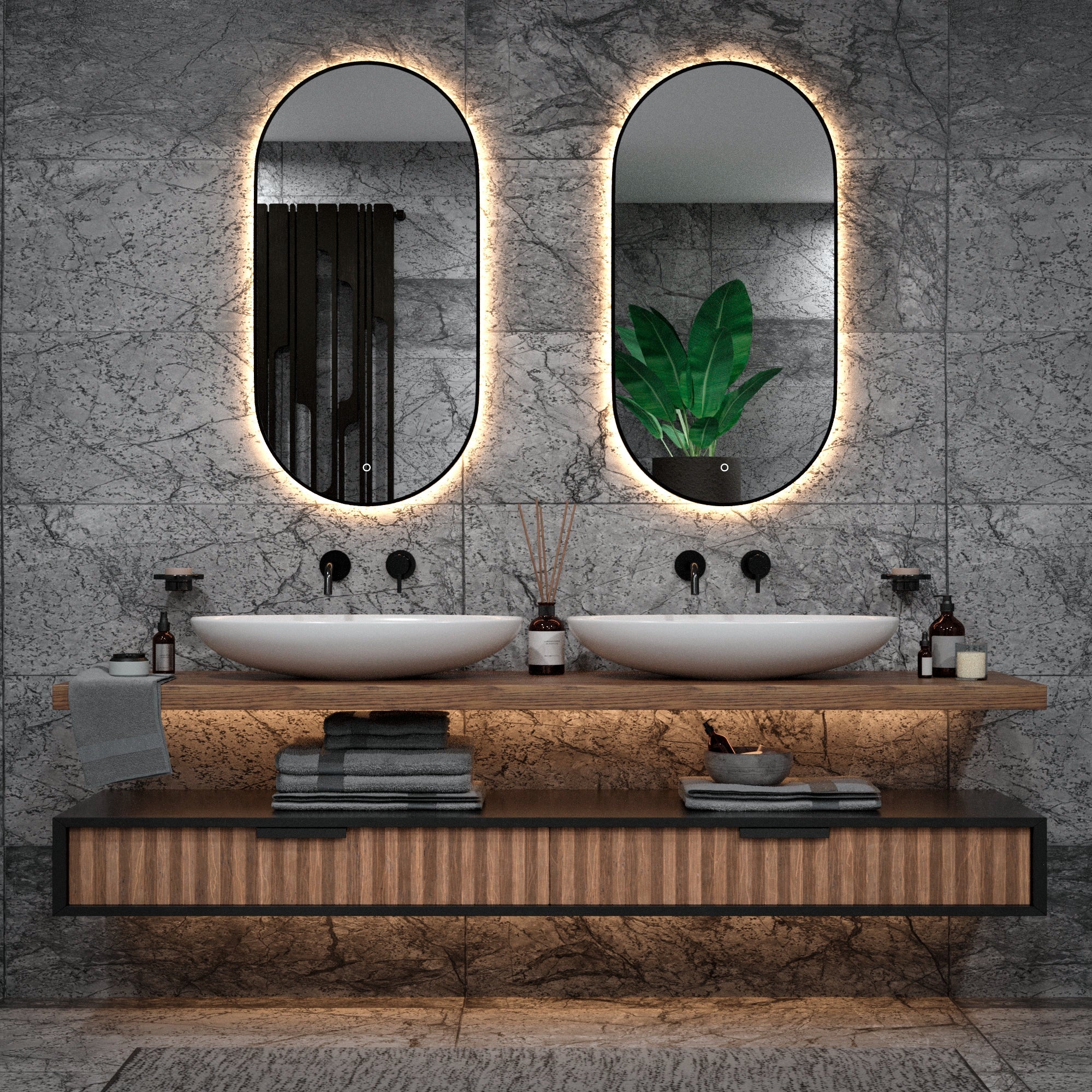 Badeværelsesspejl – 100x50cm - Ovalt – Sort Ramme - Forudbestil