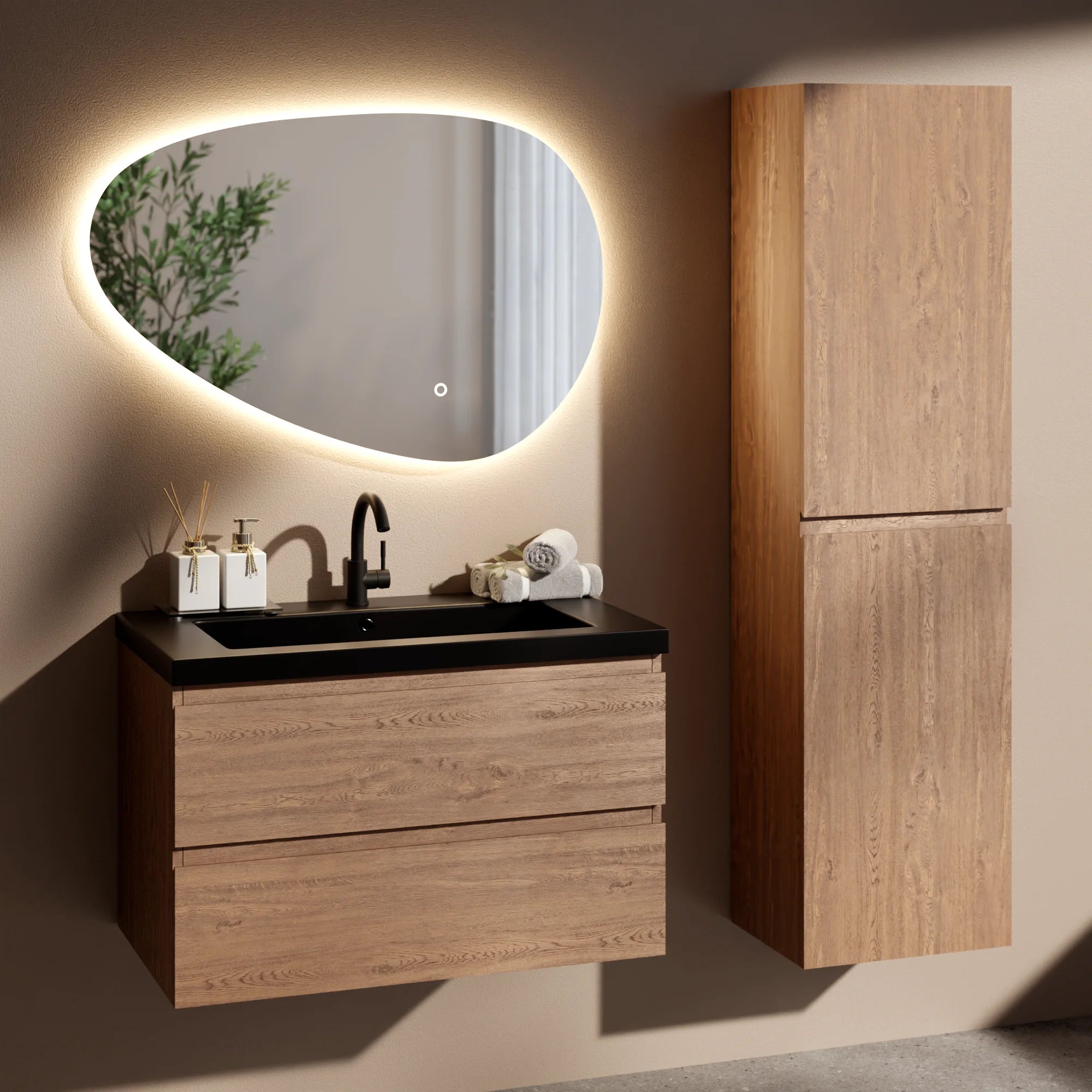 Badeværelsesmøbelsæt Verona – 80 cm – Varm eg – Sort Vask