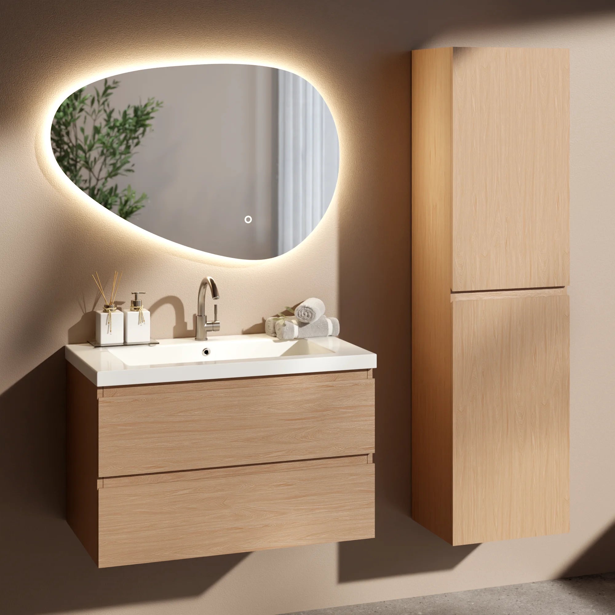 Badeværelsesmøbelsæt Amara – 80 cm – Lys eg – Hvid Vask