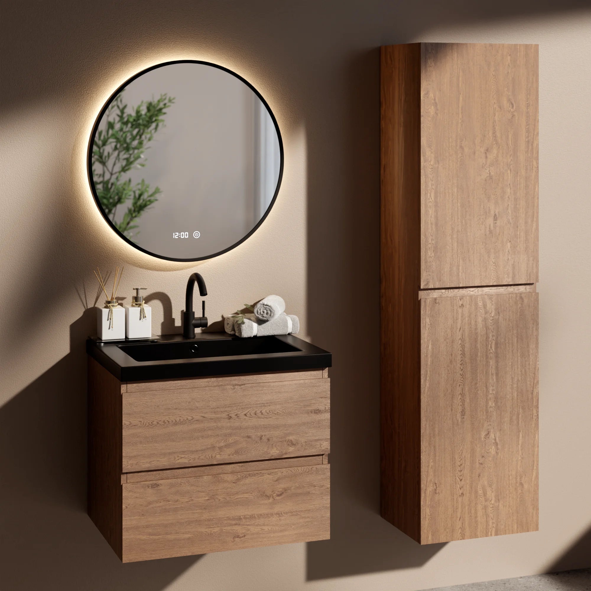 Badeværelsesmøbelsæt Verona – 60 cm – Varm Eg – Sort Vask