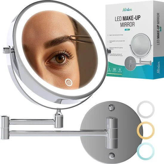 Makeupspejl med LED-belysning - Genopladeligt - 10x forstørrelse - Krom