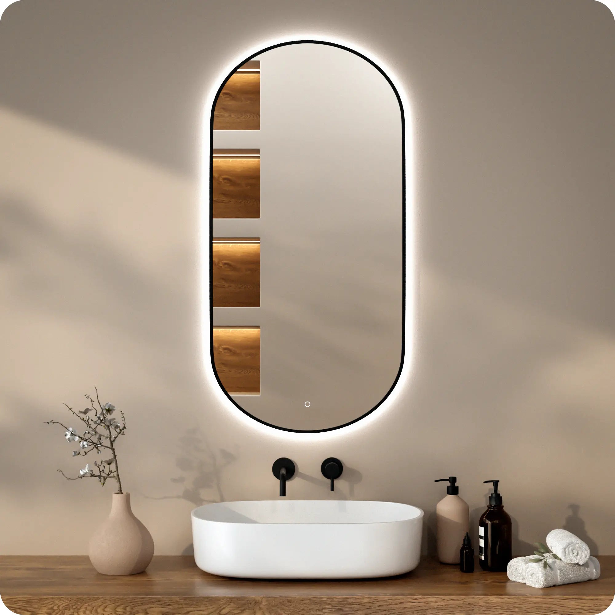 Badeværelsesspejl - 120x60cm Ovalt - Sort Ramme - Forudbestil