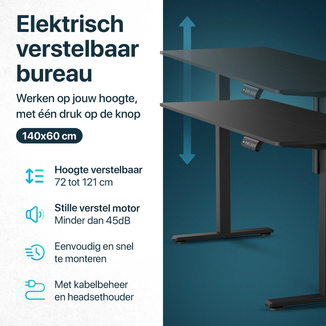 Flowsense Sidde/Stå Skrivebord – Justerbart Elektrisk Skrivebord - 140 x 60 cm