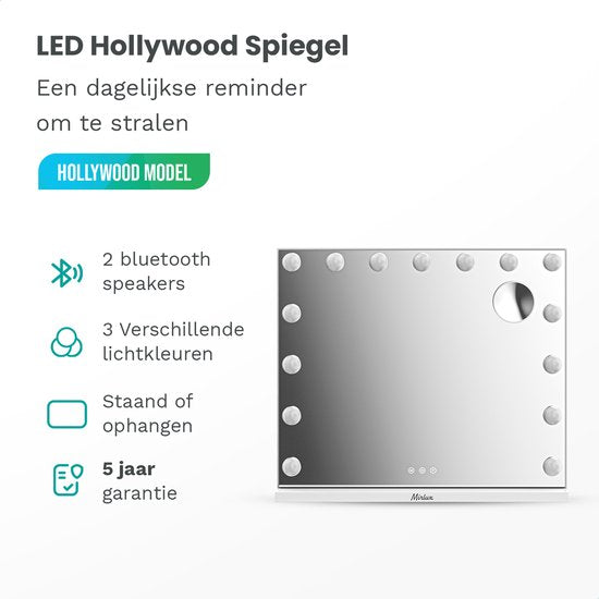 Hollywood Spejl - Bluetooth højtalere 58x48cm - Hvid