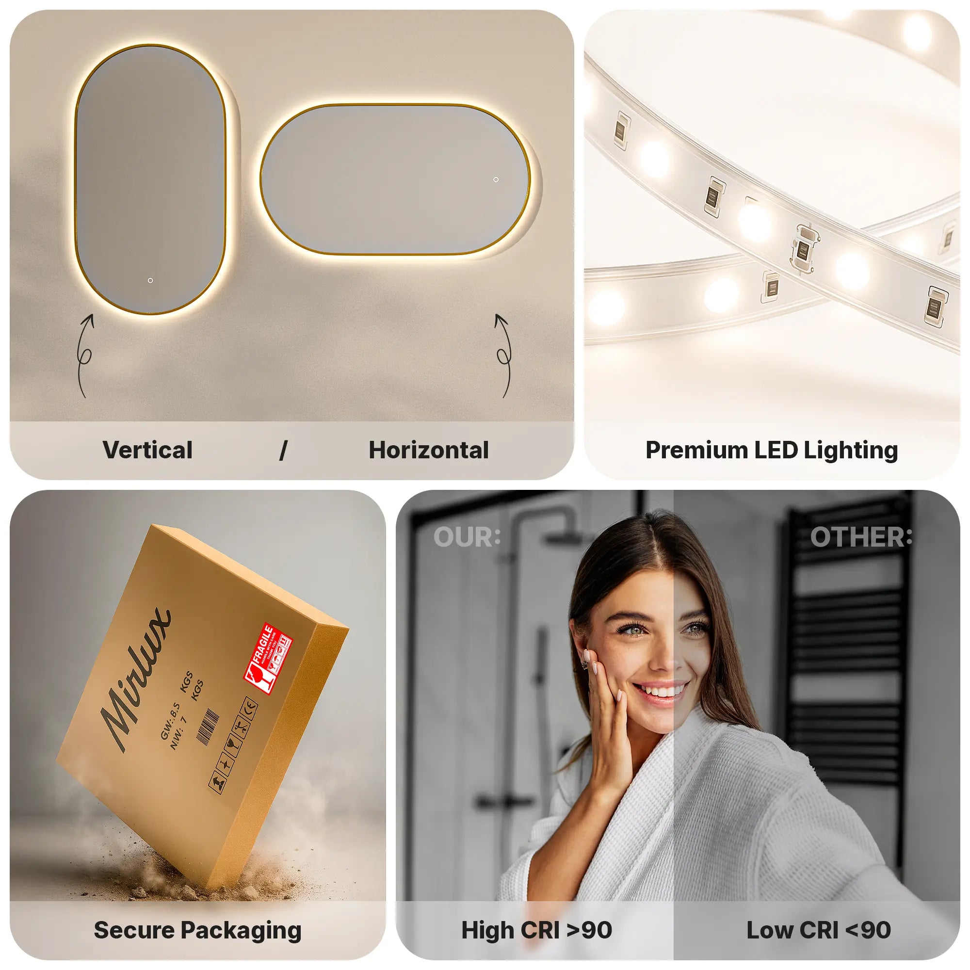 Badeværelsesspejl - 90x50cm Oval - Guldramme