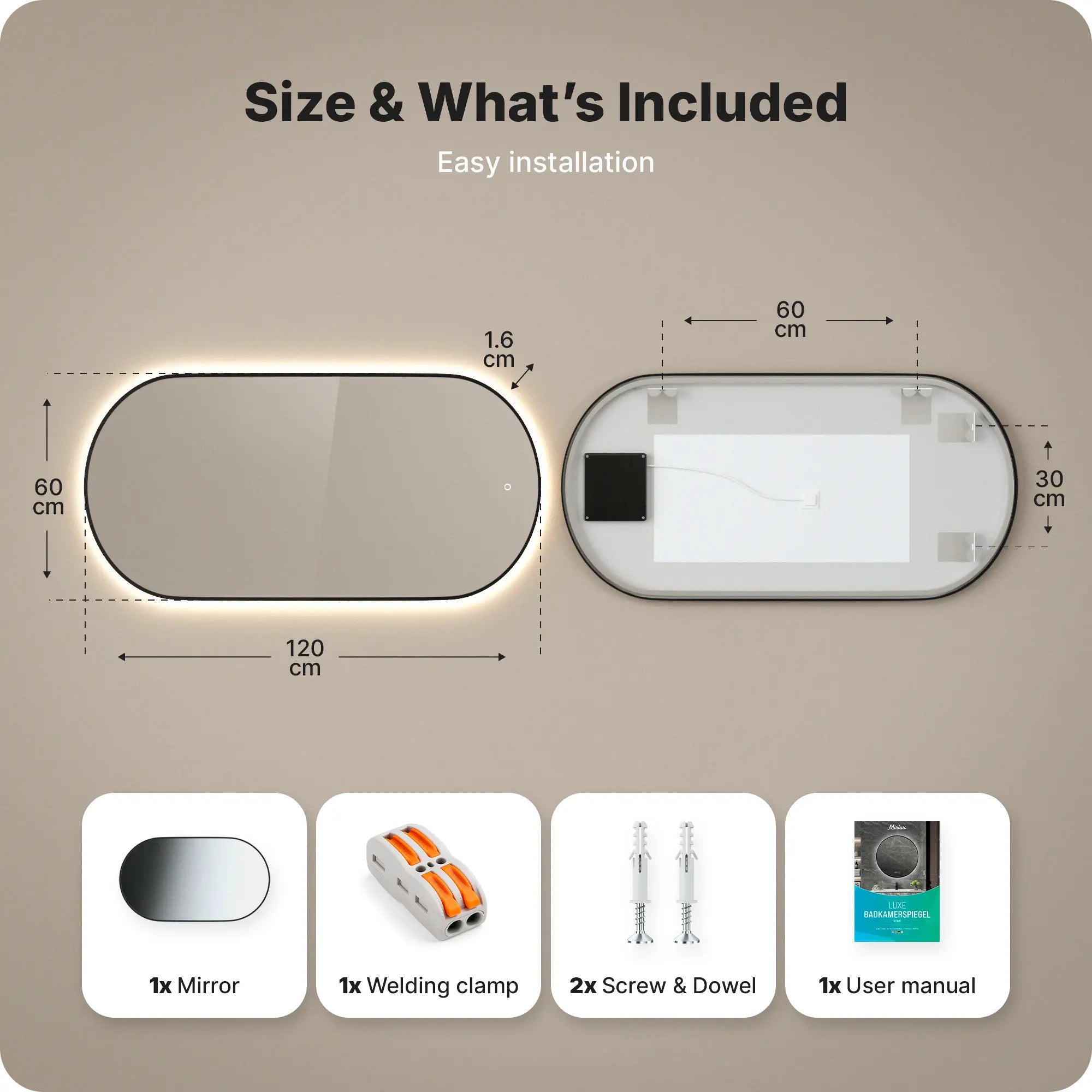 Badeværelsesspejl - 120x60cm Ovalt - Sort Ramme - Forudbestil