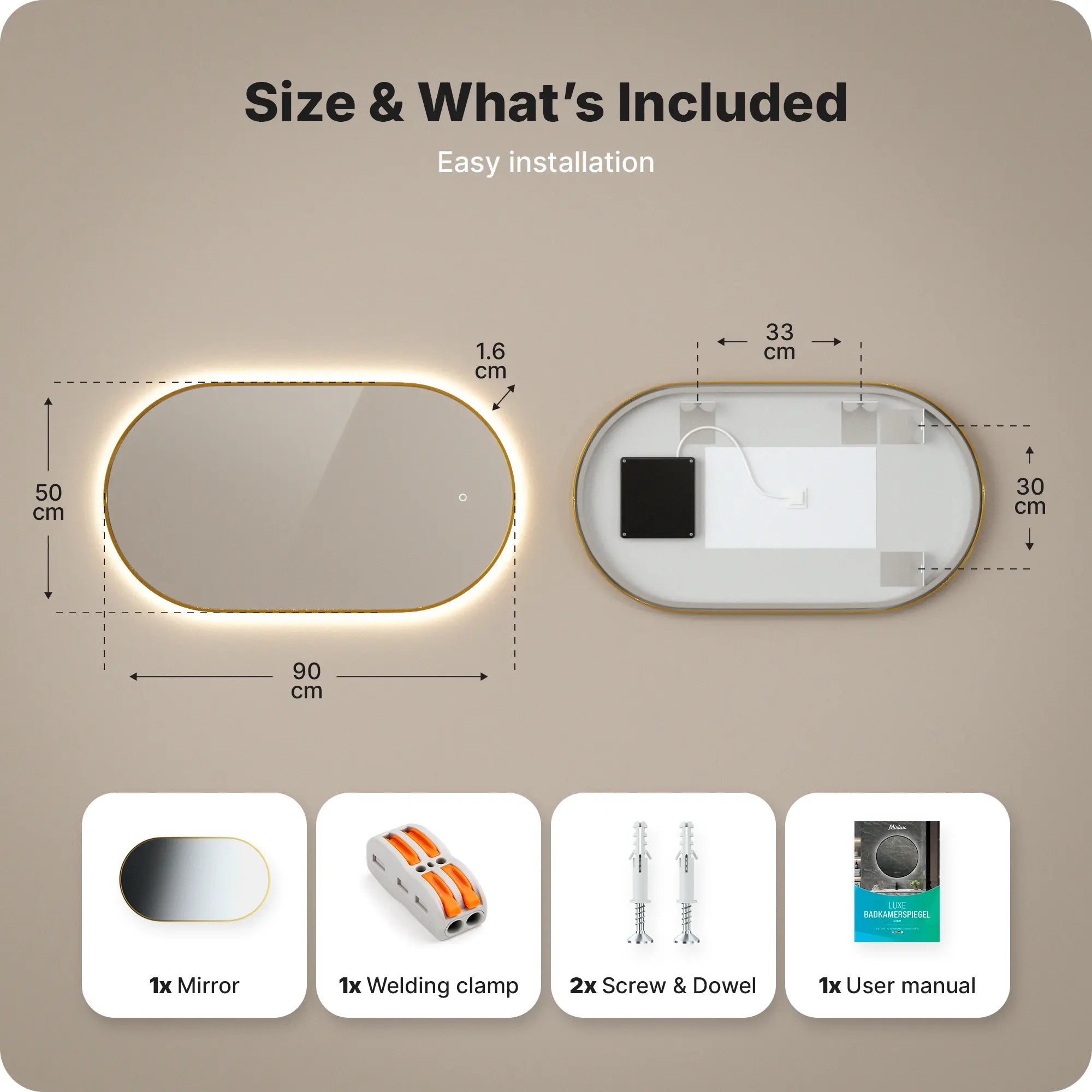 Badeværelsesspejl - 90x50cm Oval - Guldramme
