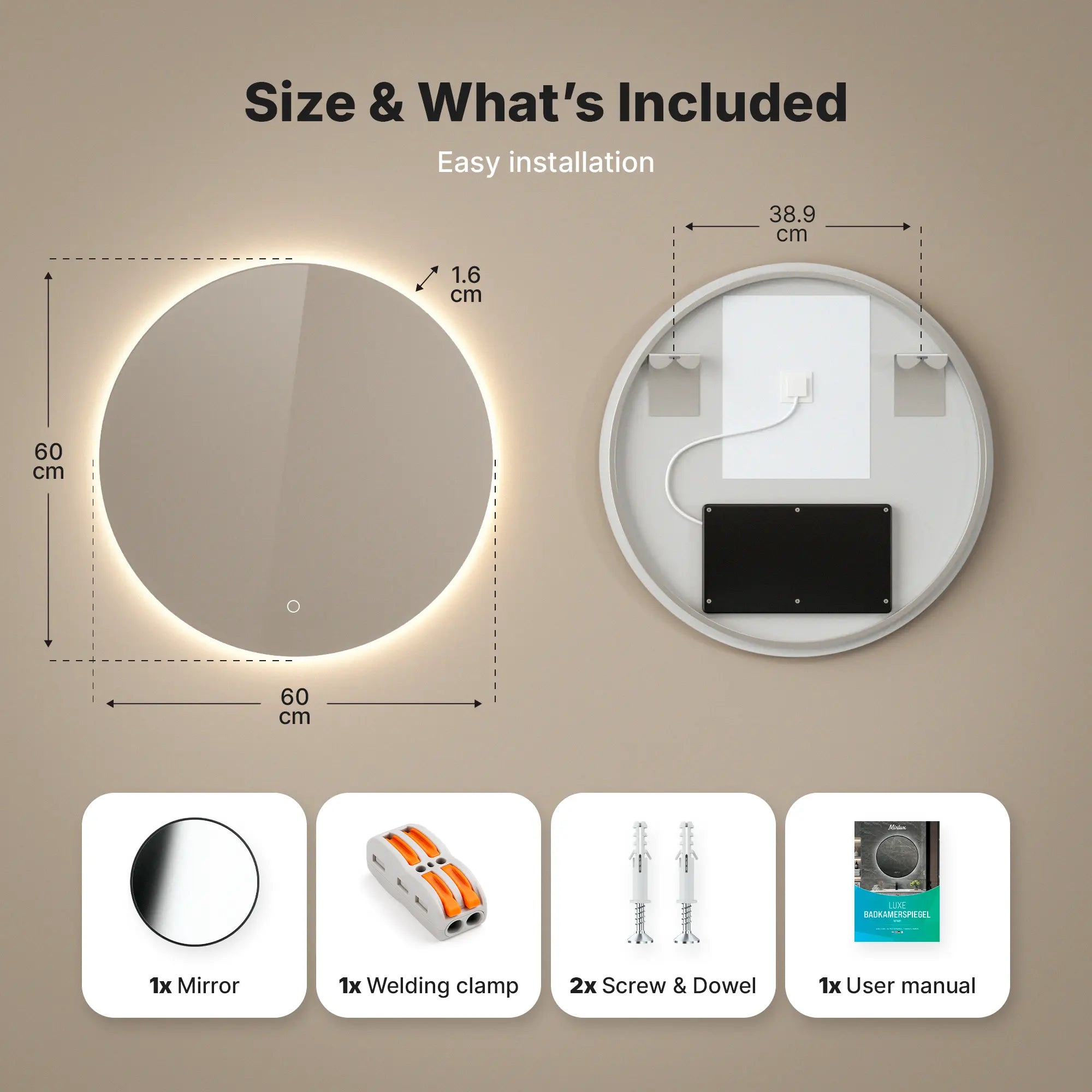 Badeværelsesspejl - 60cm - Rammeløst