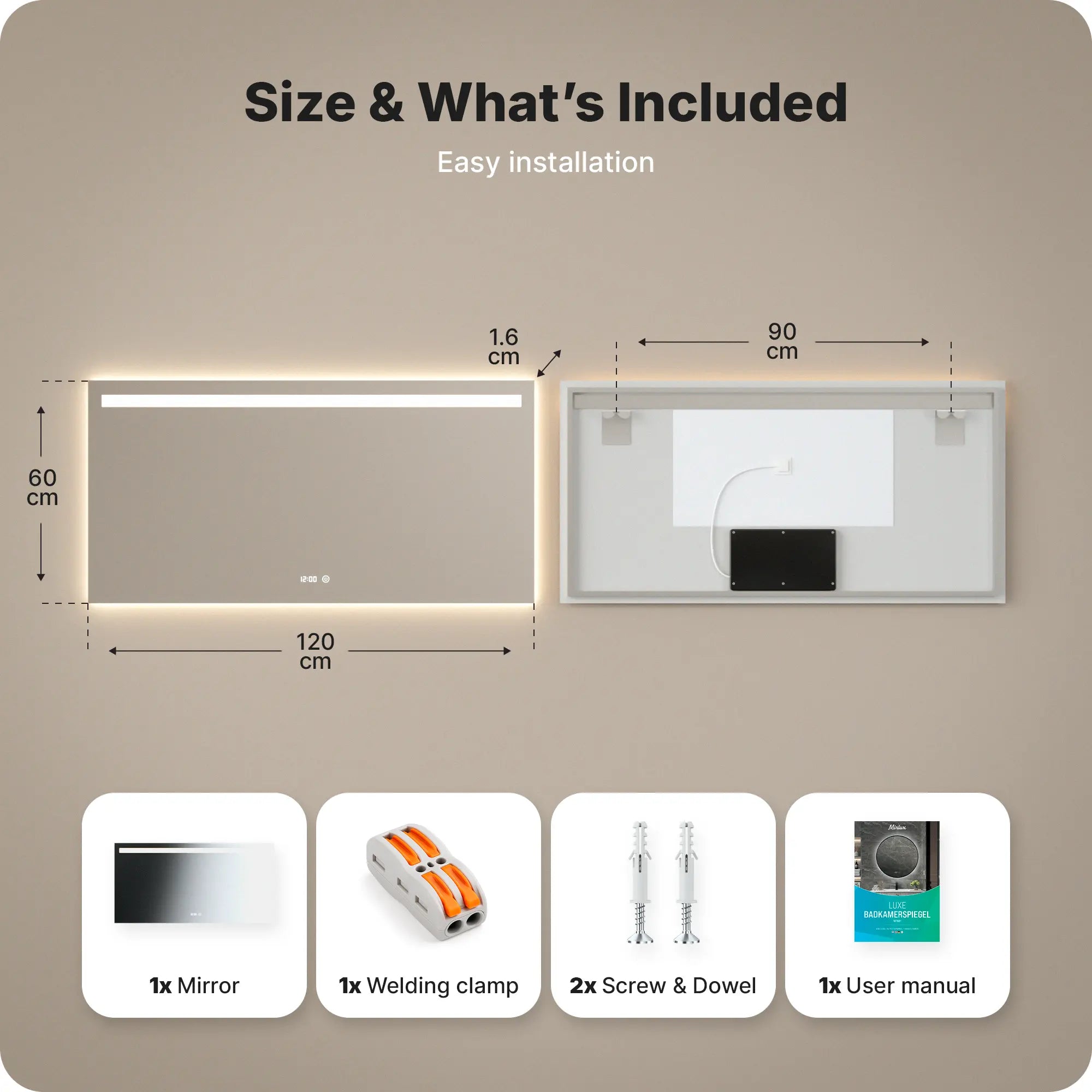 Badeværelsesspejl - Rektangel - 120x60cm - Rammeløs