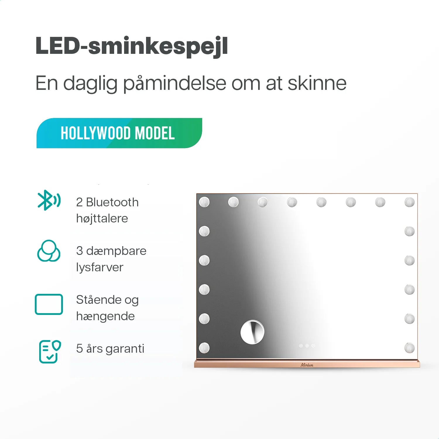 Hollywood Spejl - Bluetooth højtalere - 80x60cm - Rosé Guld