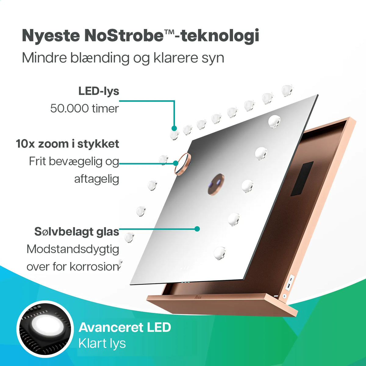 Hollywood Spejl - Bluetooth højtalere - 80x60cm - Rosé Guld