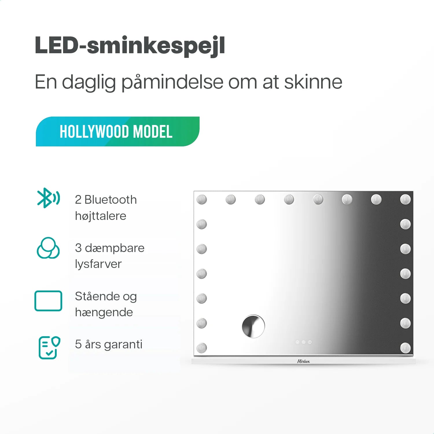 Hollywood Spejl - Bluetooth højtalere - 80x60cm - Hvid