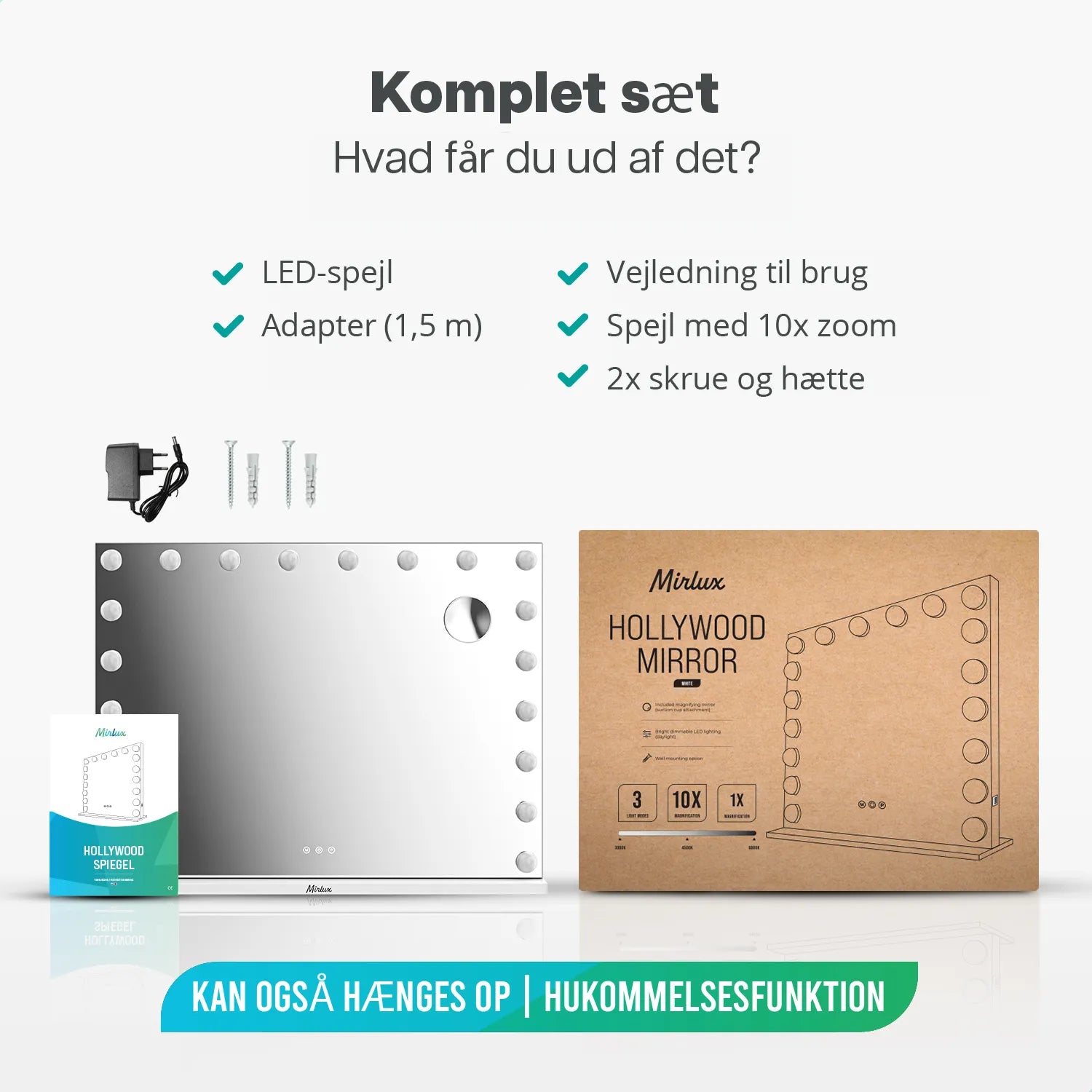 Hollywood Spejl - Bluetooth højtalere - 80x60cm - Hvid