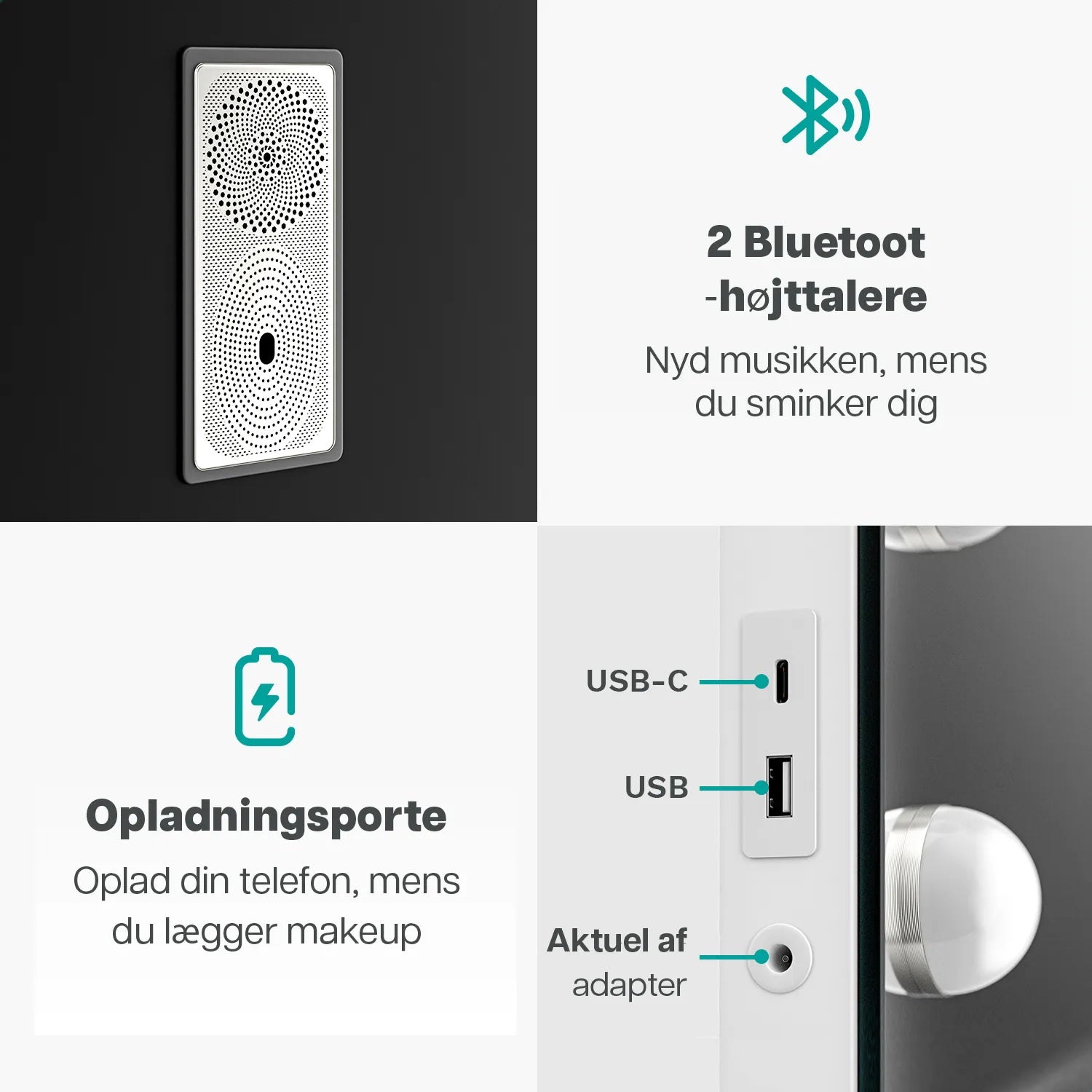 Hollywood Spejl - Bluetooth højtalere - 80x60cm - Hvid