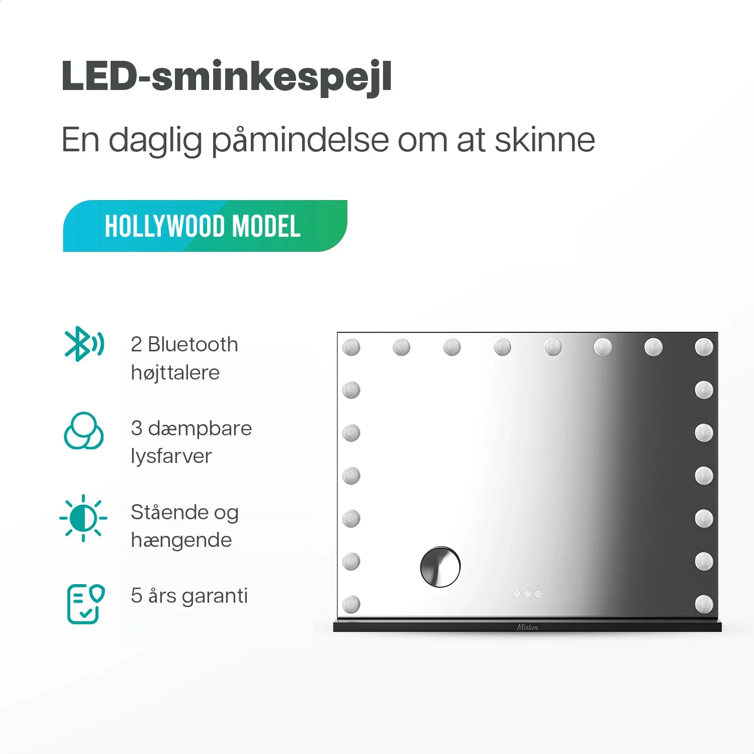 Hollywood Spejl - Bluetooth højtalere - 80x60cm - Sort