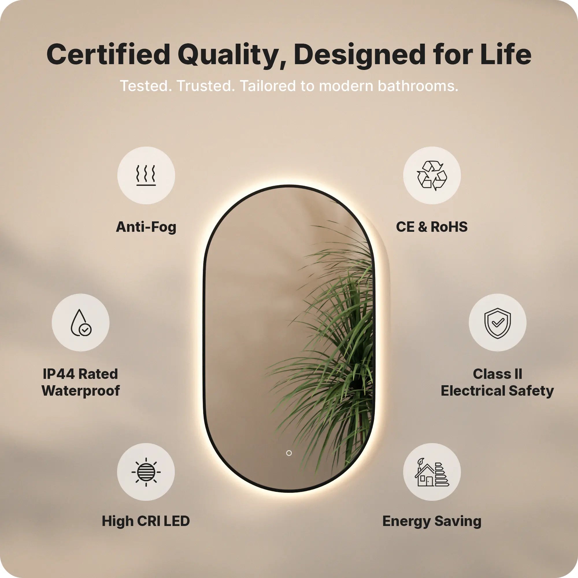 Badeværelsesspejl - 120x60cm Ovalt - Sort Ramme - Forudbestil