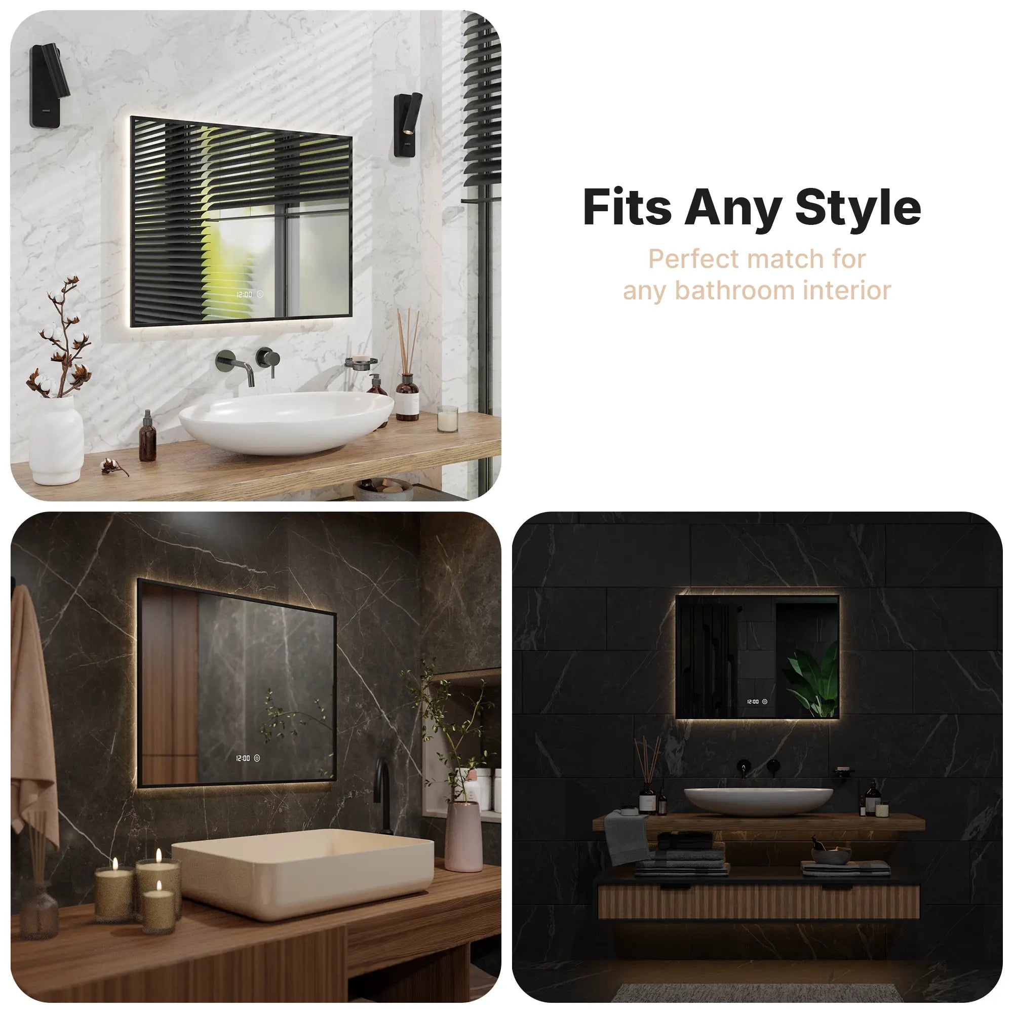 Badeværelsesspejl - Rektangel - 80x60cm - Sort Ramme