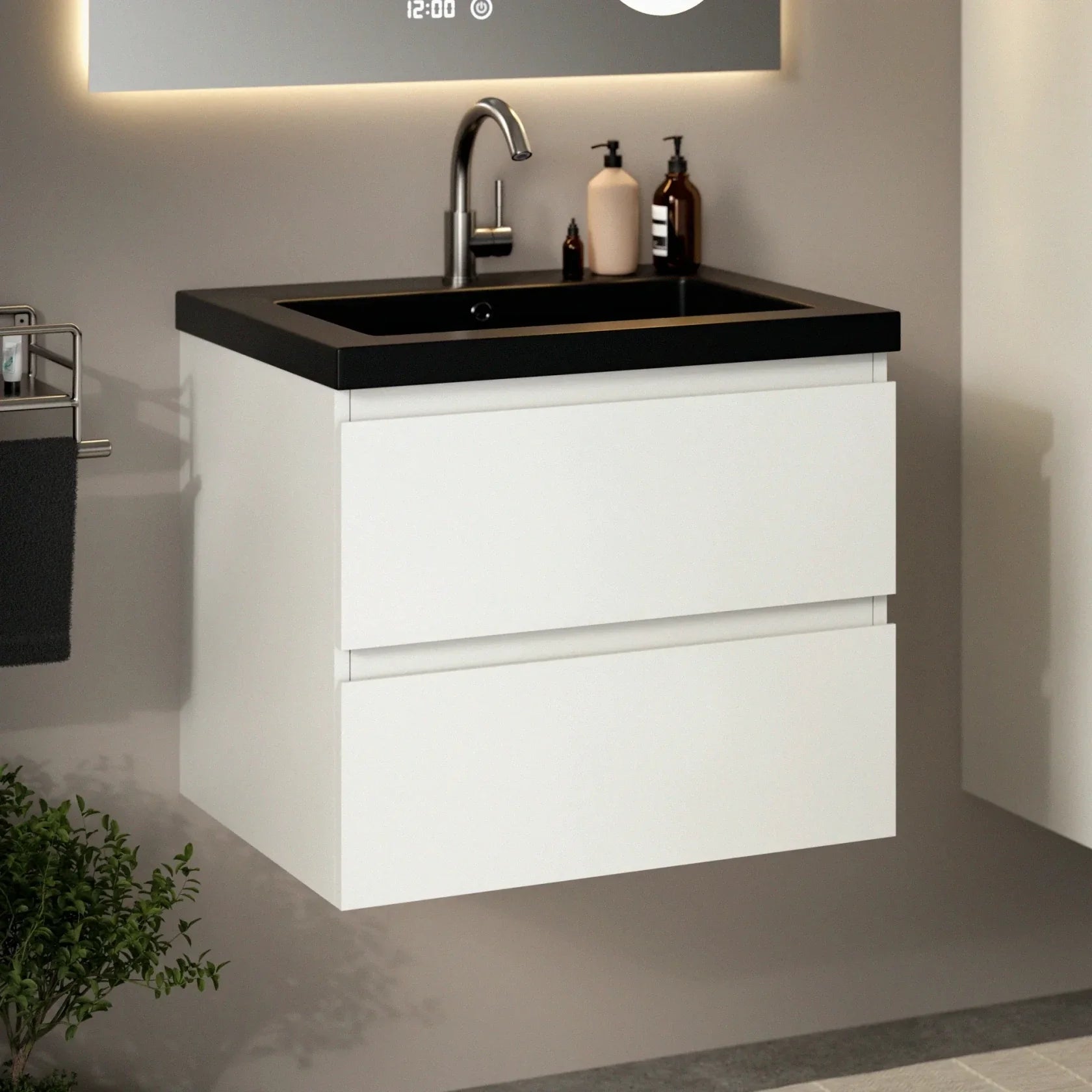 Badeværelsesmøbel Karo - 60cm - Hvid - Vask sort - Forudbestil