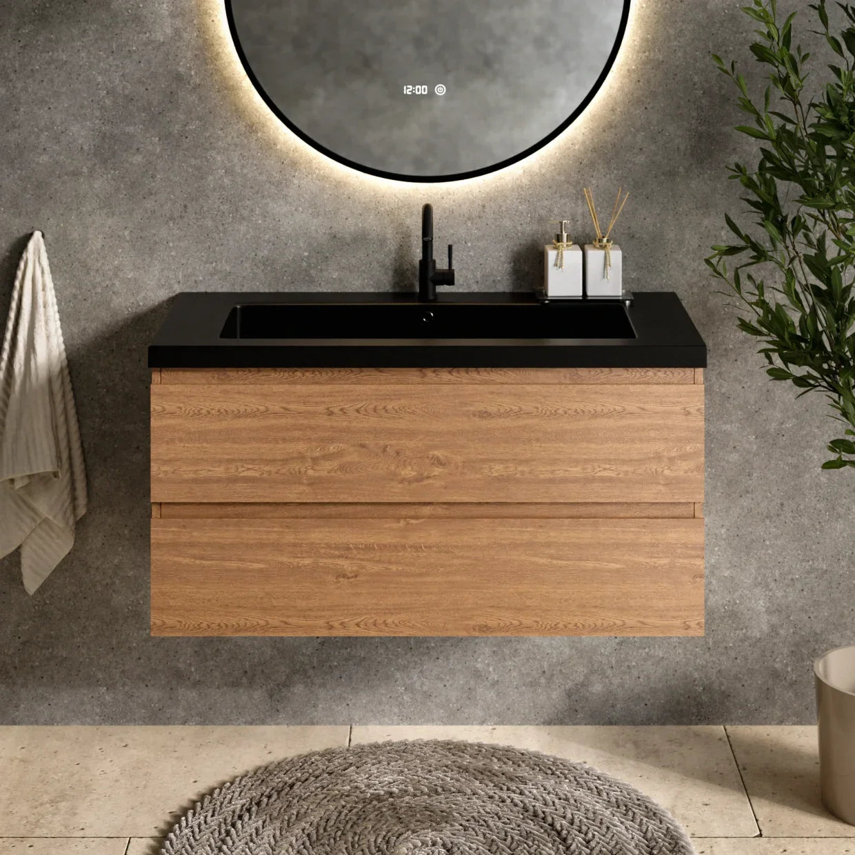 Badeværelsesmøbel Sena - 100cm - Varm eg - Vask sort