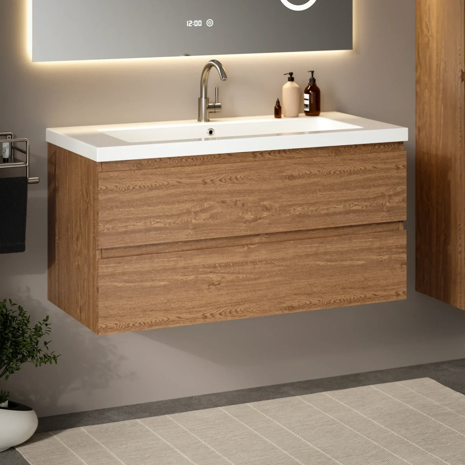 Badeværelsesmøbel Sena - 100cm - Varm eg - Vask hvid