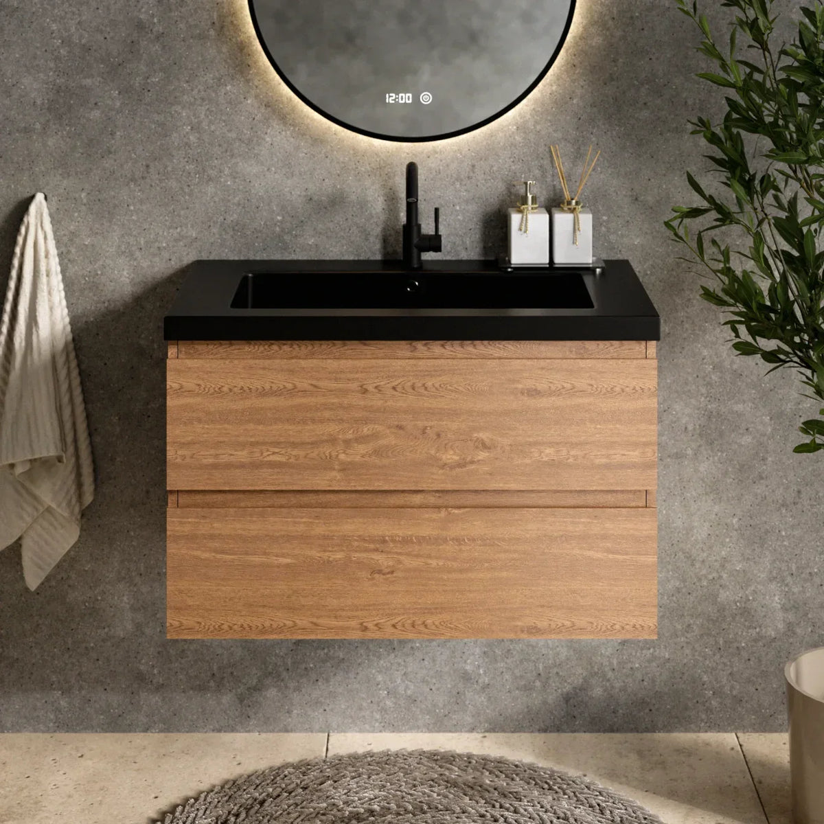 Badeværelsesmøbelsæt Verona – 80 cm – Varm eg – Sort Vask
