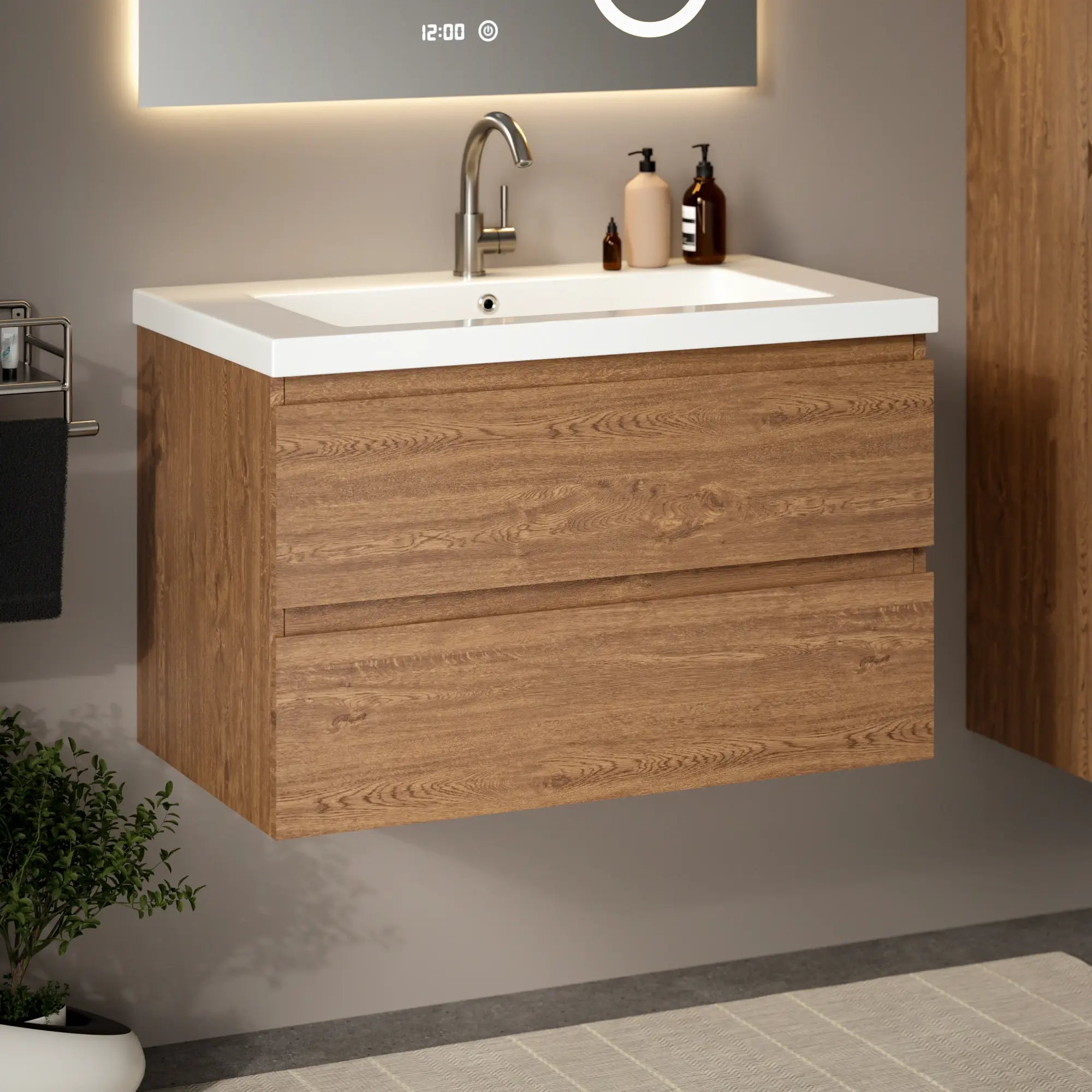 Badeværelsesmøbel Sova - 80cm - Varm eg - Vask hvid