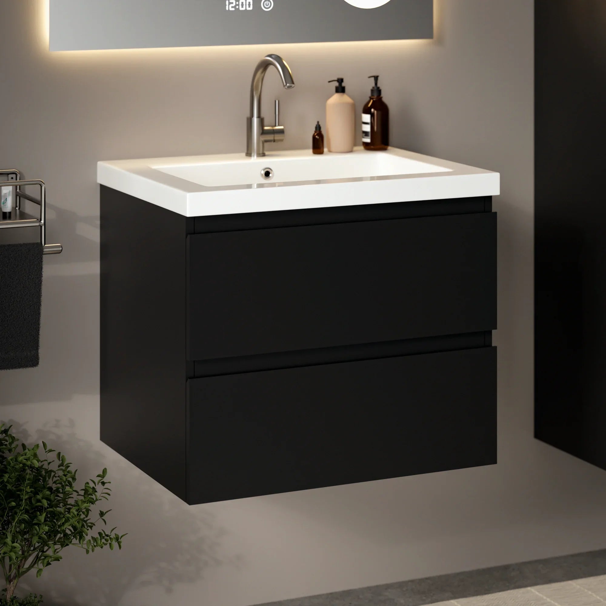 Badeværelsesmøbel Karo - 60cm - Mat sort - Vask hvid - Forudbestil