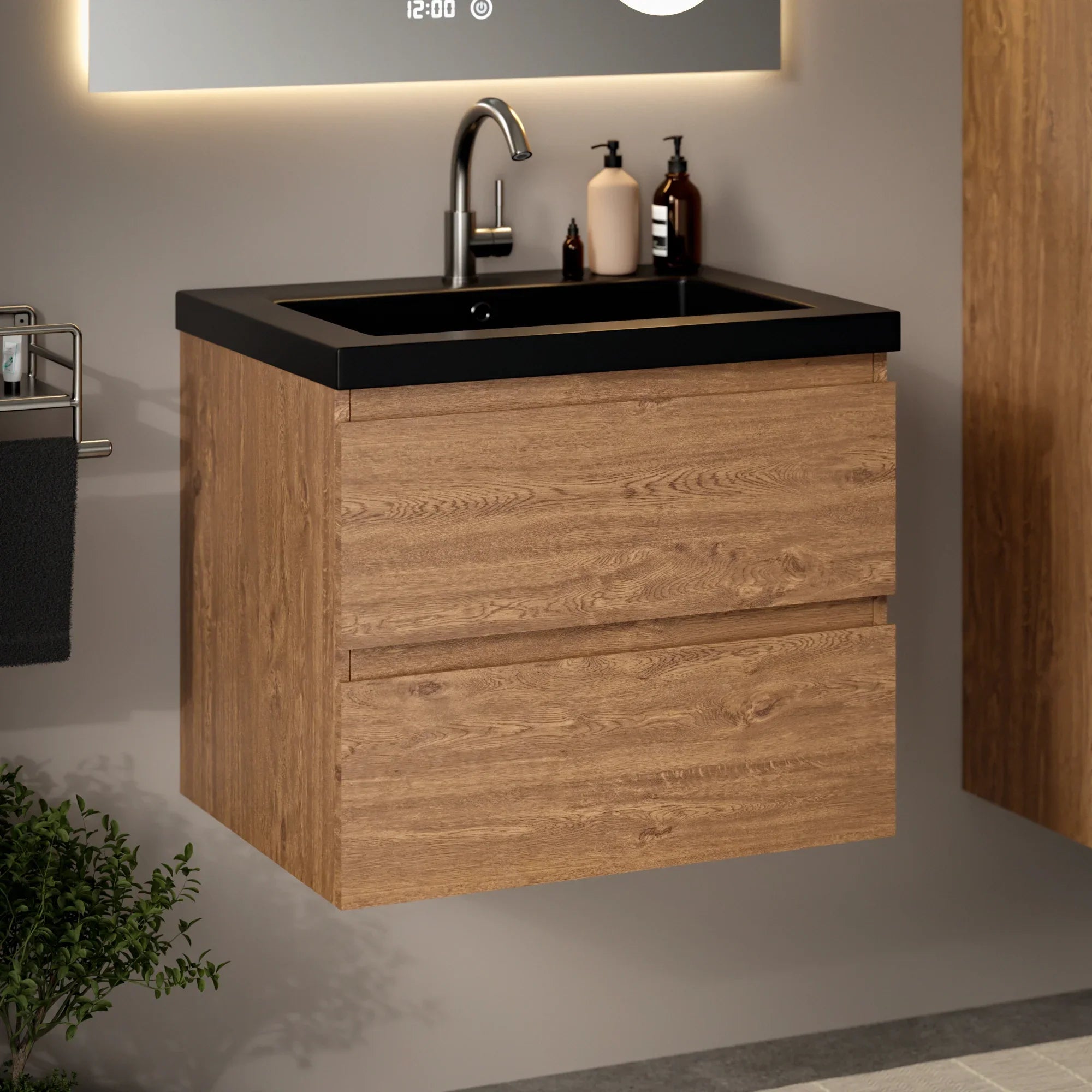 Badeværelsesmøbel Karo - 60cm - Varm eg - Vask sort - Forudbestil