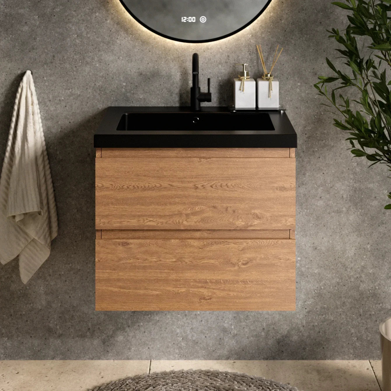 Badeværelsesmøbel Karo - 60cm - Varm eg - Vask sort - Forudbestil