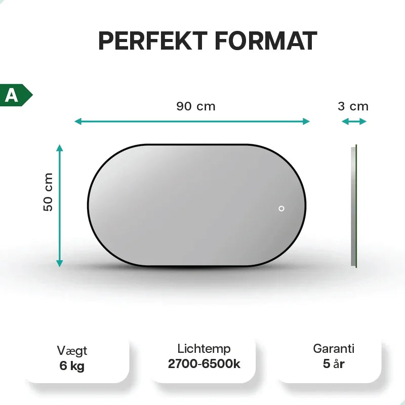 Badeværelsesspejl – 90x50cm – Ovalt – Sort Ramme
