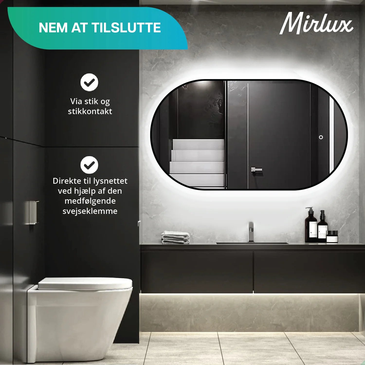 Badeværelsesspejl – 90x50cm – Ovalt – Sort Ramme