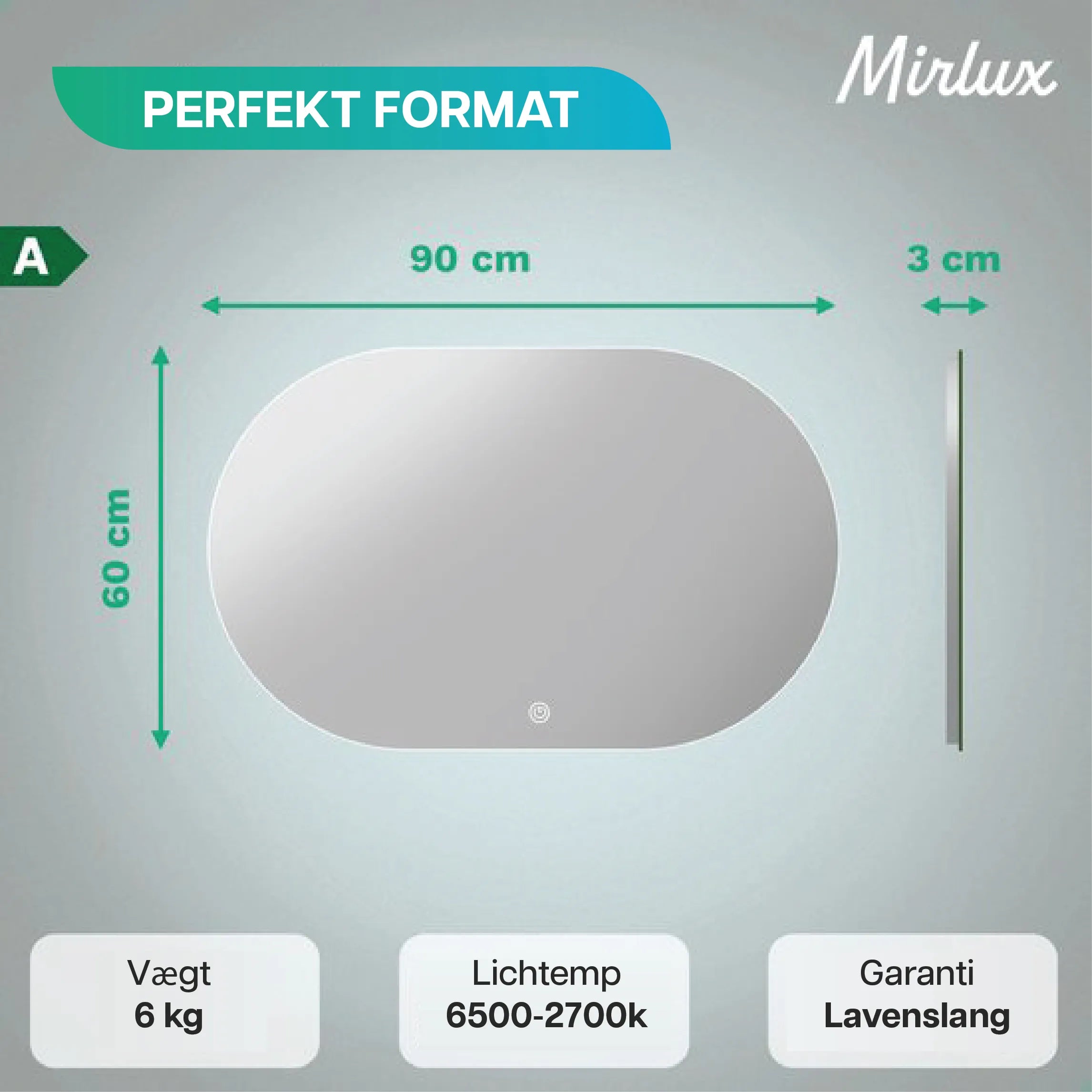 Badeværelsesspejl – 90x60cm Oval – Rammeløst - Forudbestil