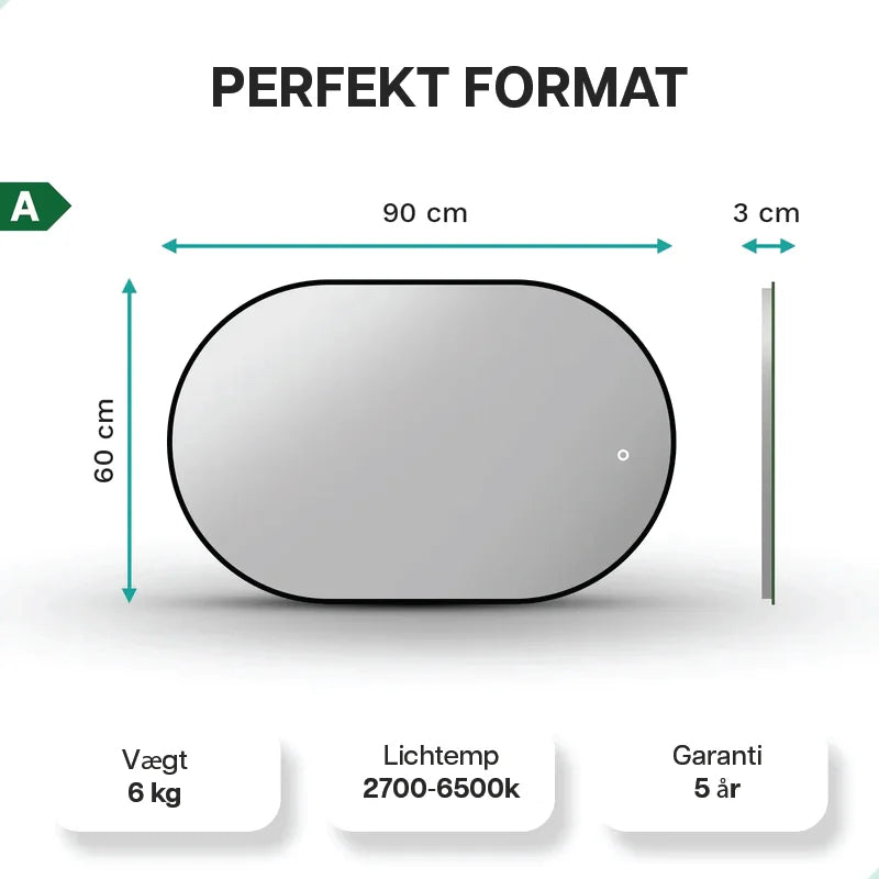 Badeværelsesspejl – 90x60cm – Ovalt – Sort Ramme