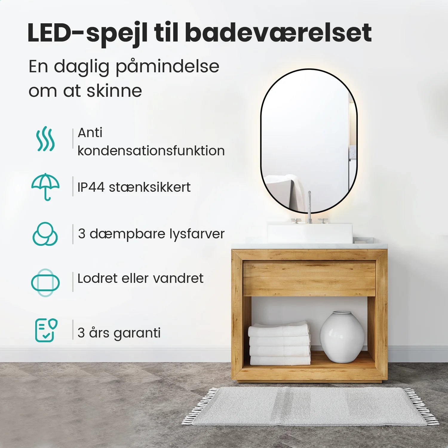 Badeværelsesspejl – 90x60cm – Ovalt – Sort Ramme