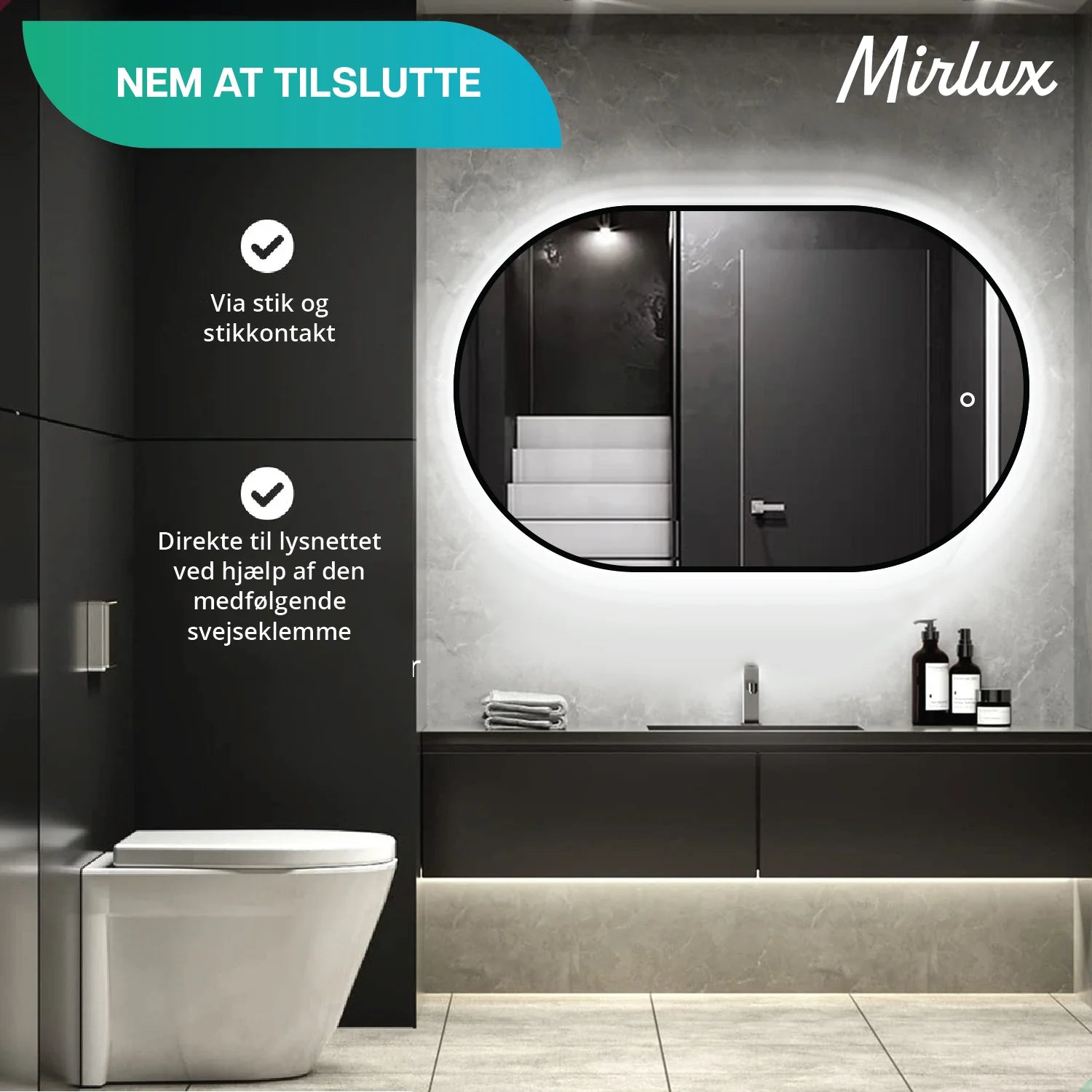 Badeværelsesspejl – 90x60cm – Ovalt – Sort Ramme