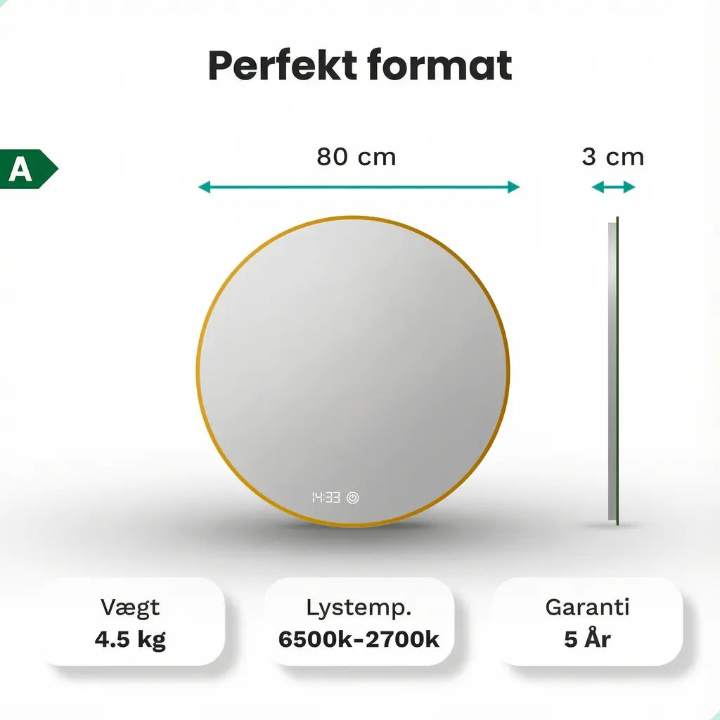 Badeværelsesspejl - 80 cm - Rundt - Guldramme