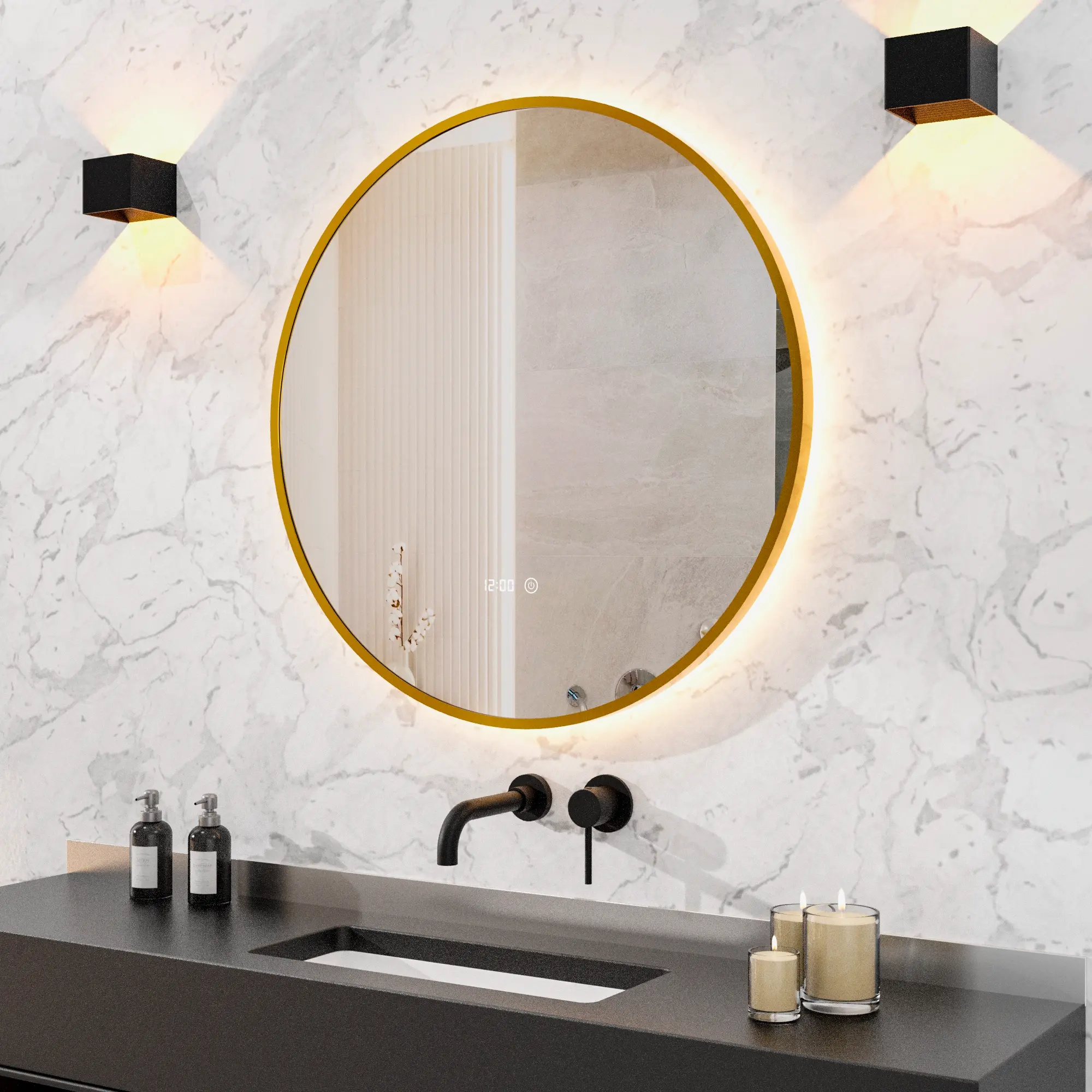 Badeværelsesspejl - 80 cm - Rundt - Guldramme