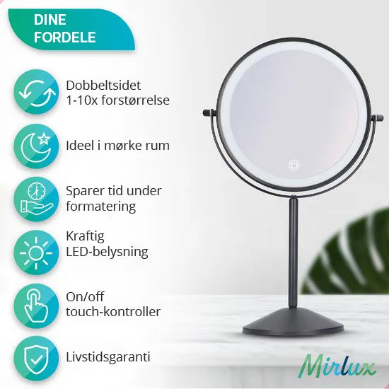 Makeupspejl - Genopladeligt - Sort - 1-10x Forstørrelse