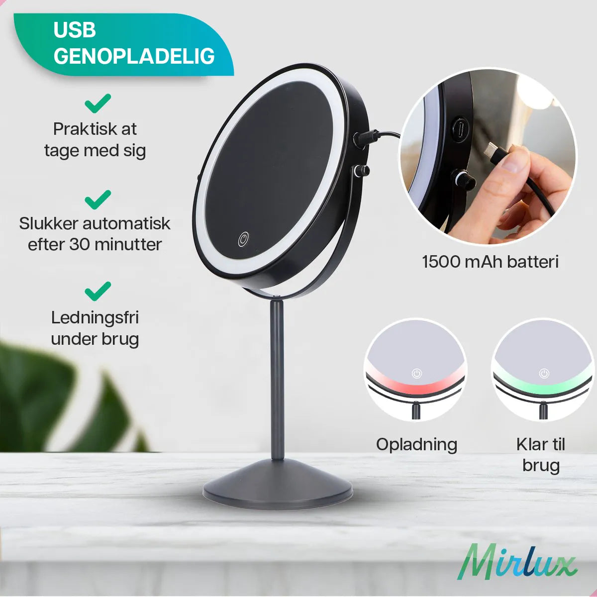 Makeupspejl - Genopladeligt - Sort - 1-10x Forstørrelse