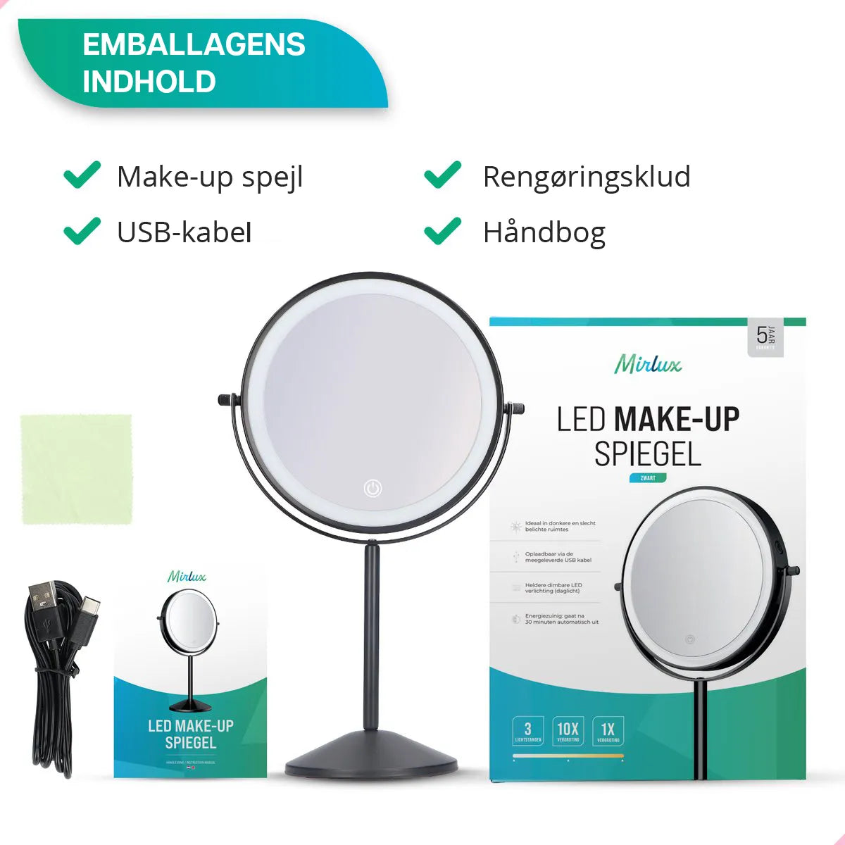 Makeupspejl - Genopladeligt - Sort - 1-10x Forstørrelse