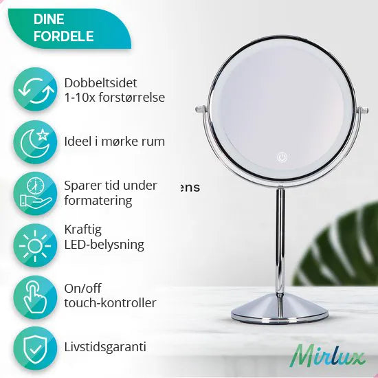 Makeupspejl - Genopladeligt - Krom - 1-10x Forstørrelse