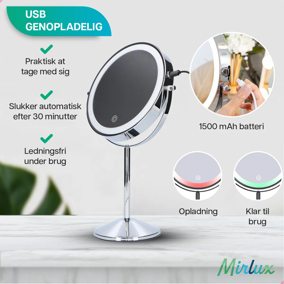 Makeupspejl - Genopladeligt - Krom - 1-10x Forstørrelse