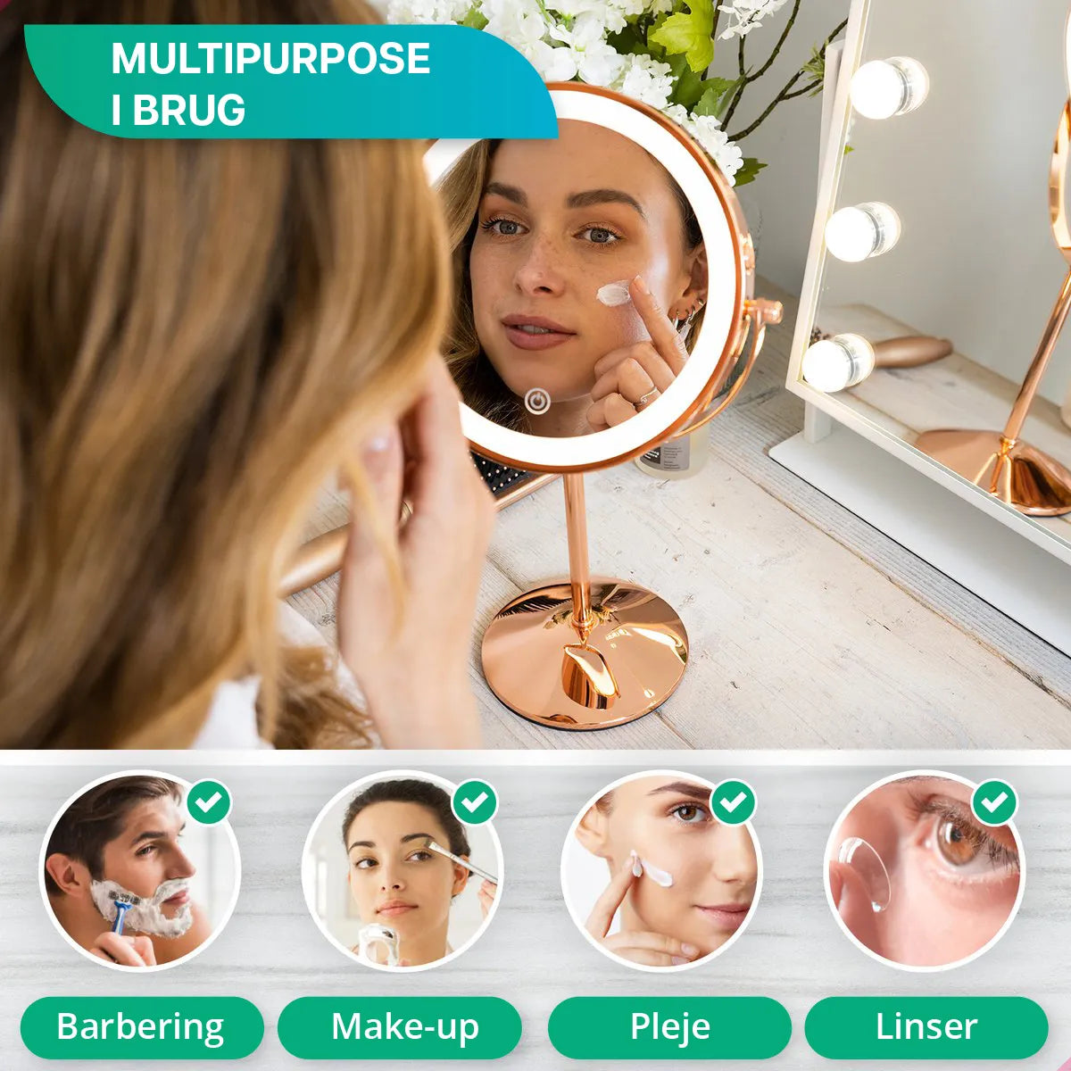 Makeupspejl - Genopladeligt - Rosé - 1-10x Forstørrelse