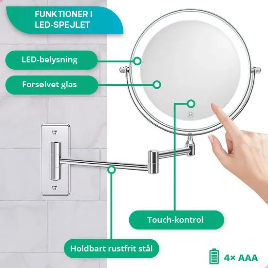 Makeupspejl - Batteri - Krom - 1-5x