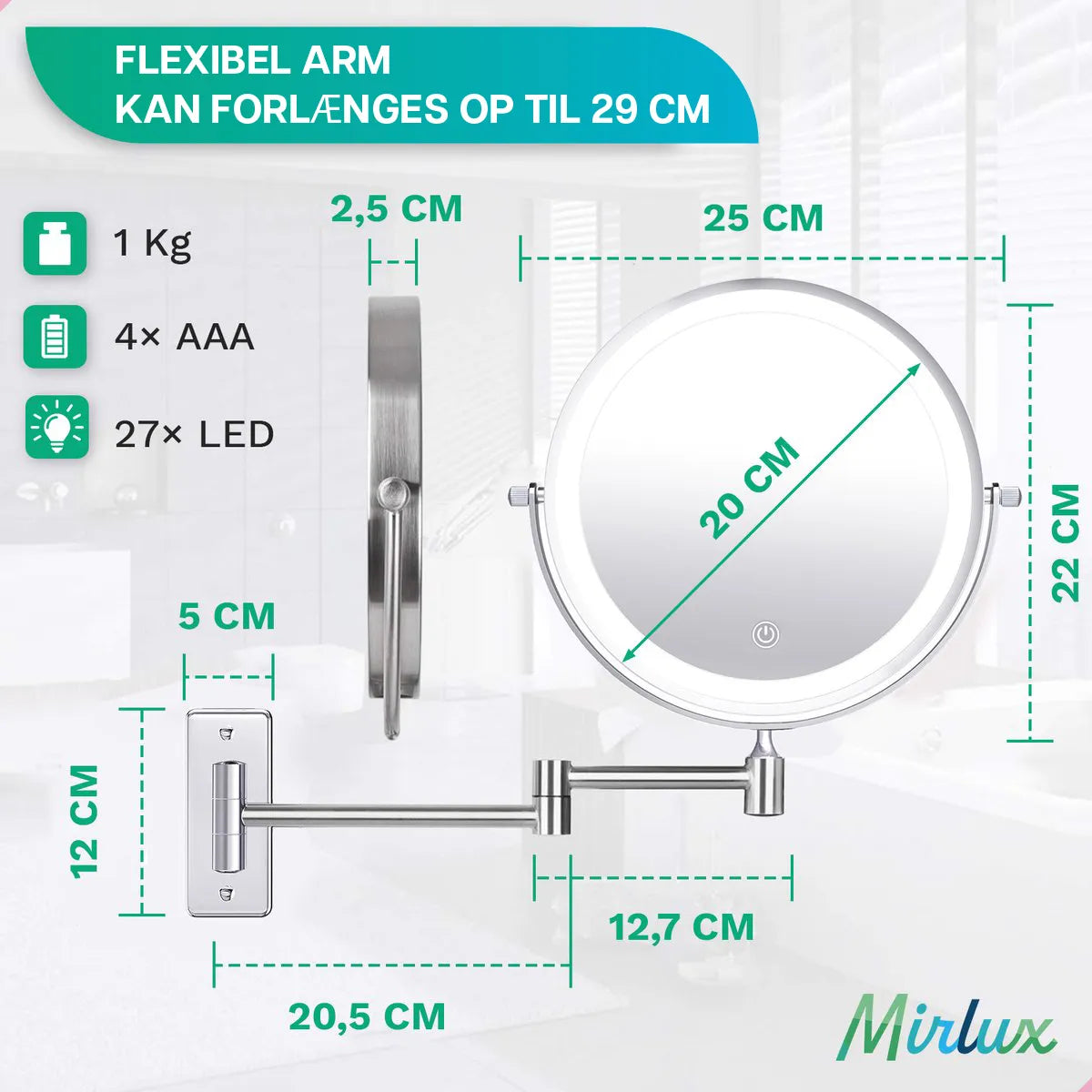 Makeupspejl - Batteri - Krom - 1-5x