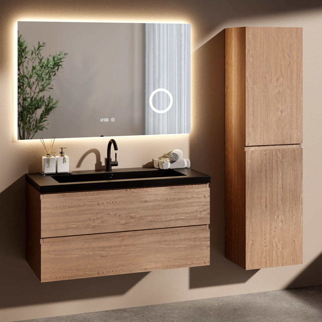 Badeværelsesmøbelsæt Verona – 100 cm – Varm Eg – Sort Vask