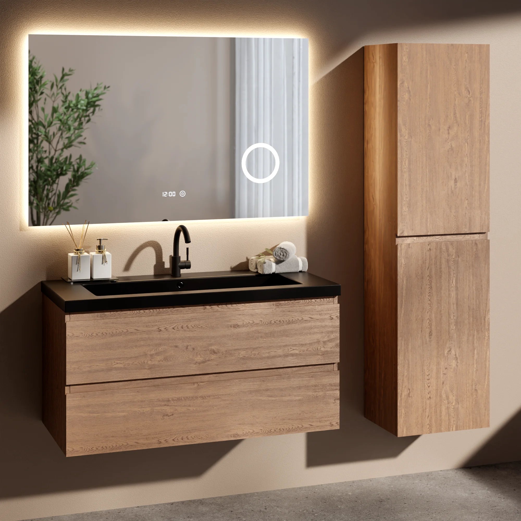 Badeværelsesmøbelsæt Verona – 100 cm – Varm Eg – Sort Vask