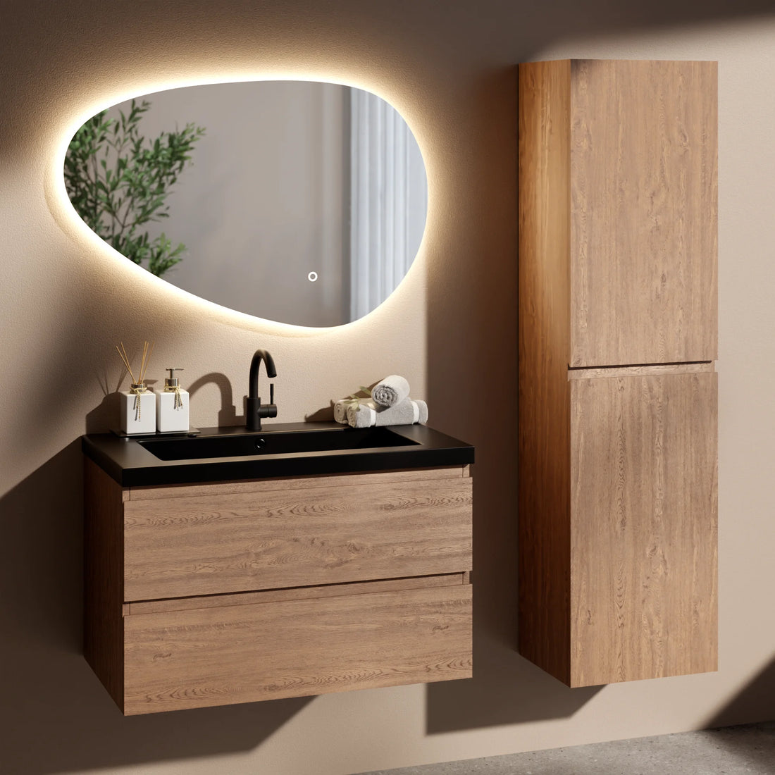 Badeværelsesmøbelsæt Verona – 80 cm – Varm eg – Sort Vask