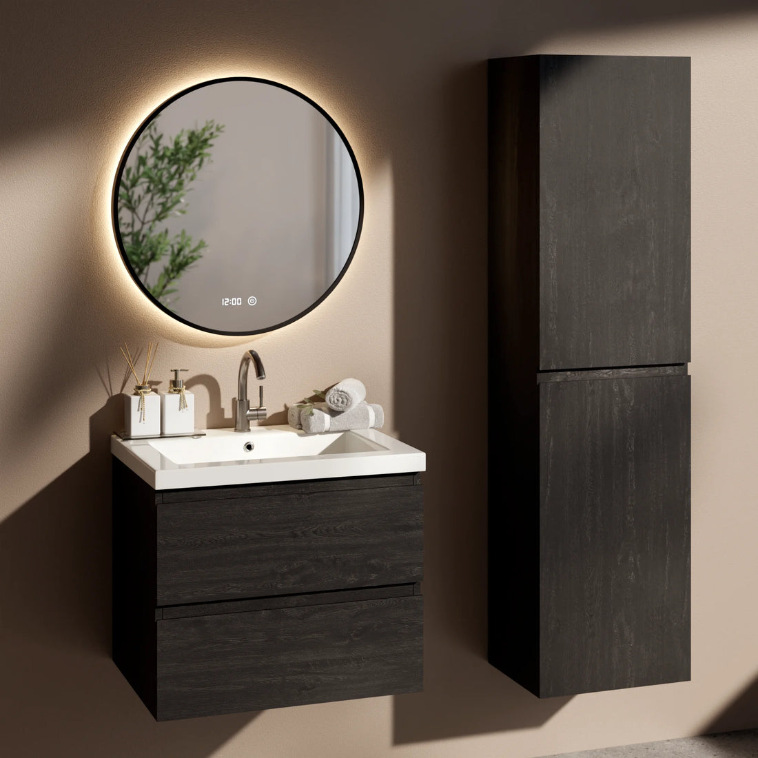 Badeværelsesmøbelsæt Virello – 60 cm – Sort eg – Hvid Vask
