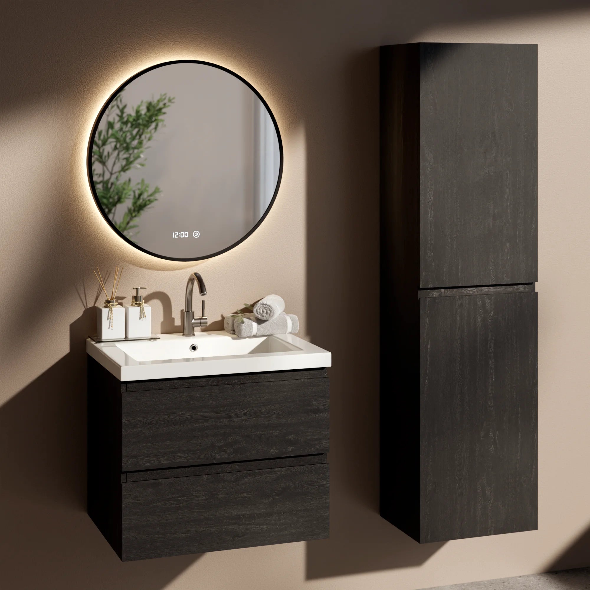 Badeværelsesmøbelsæt Virello – 60 cm – Sort eg – Hvid Vask